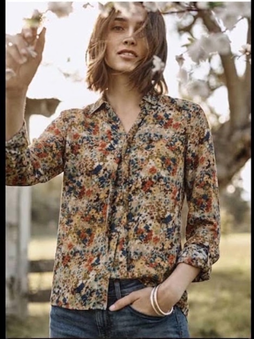 J Jill XL wheat painterly floral Button-Down flowy blouse